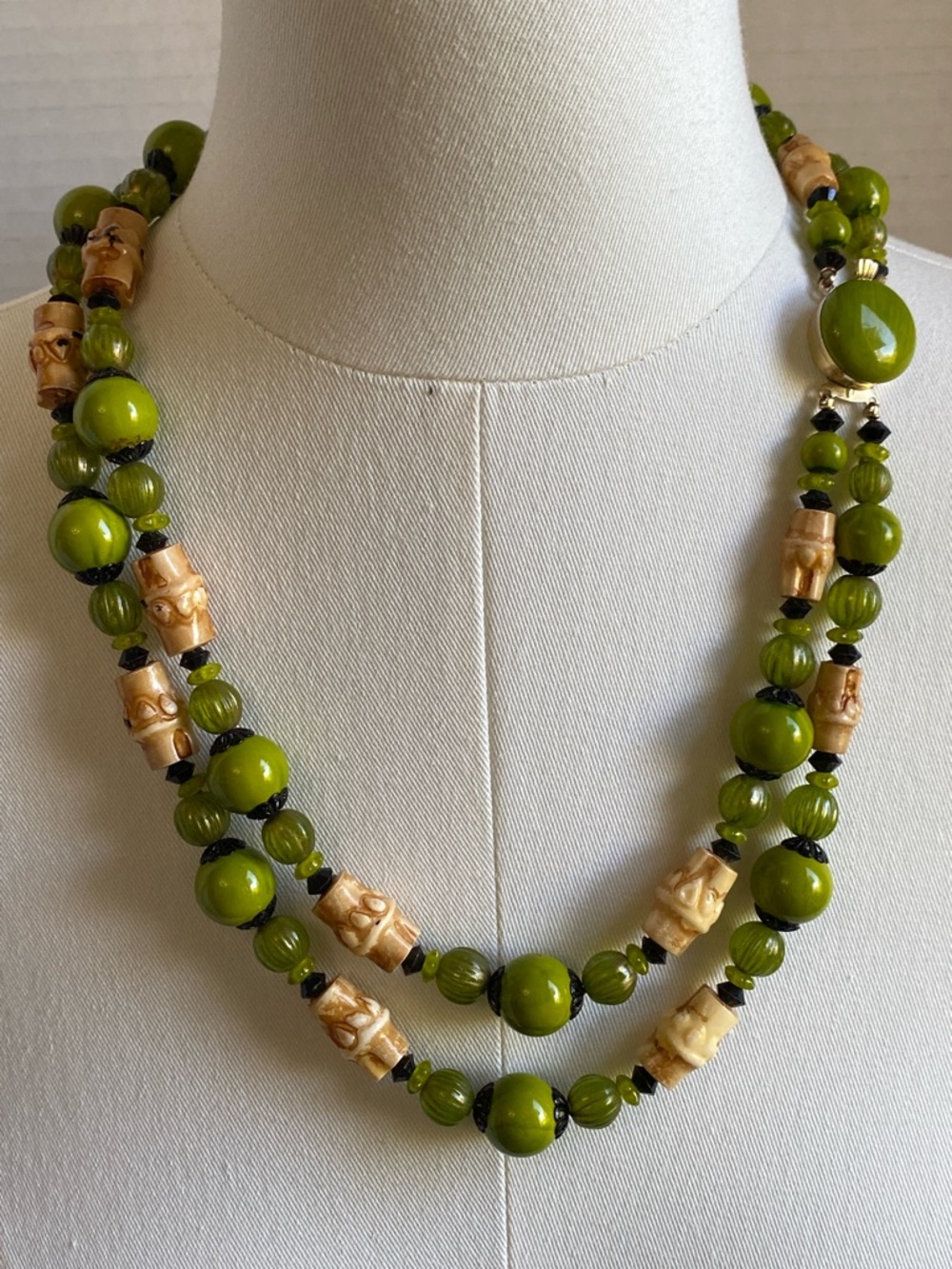Vintage 1960s Hong Kong Double Strand Beaded Statement Necklace UV Reactive Glow